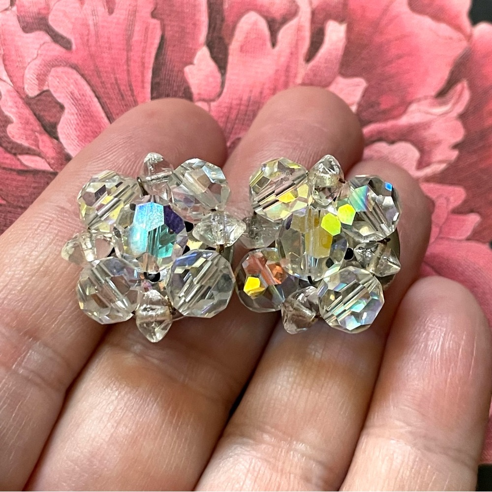 Vintage AB crystal cluster clip earrings